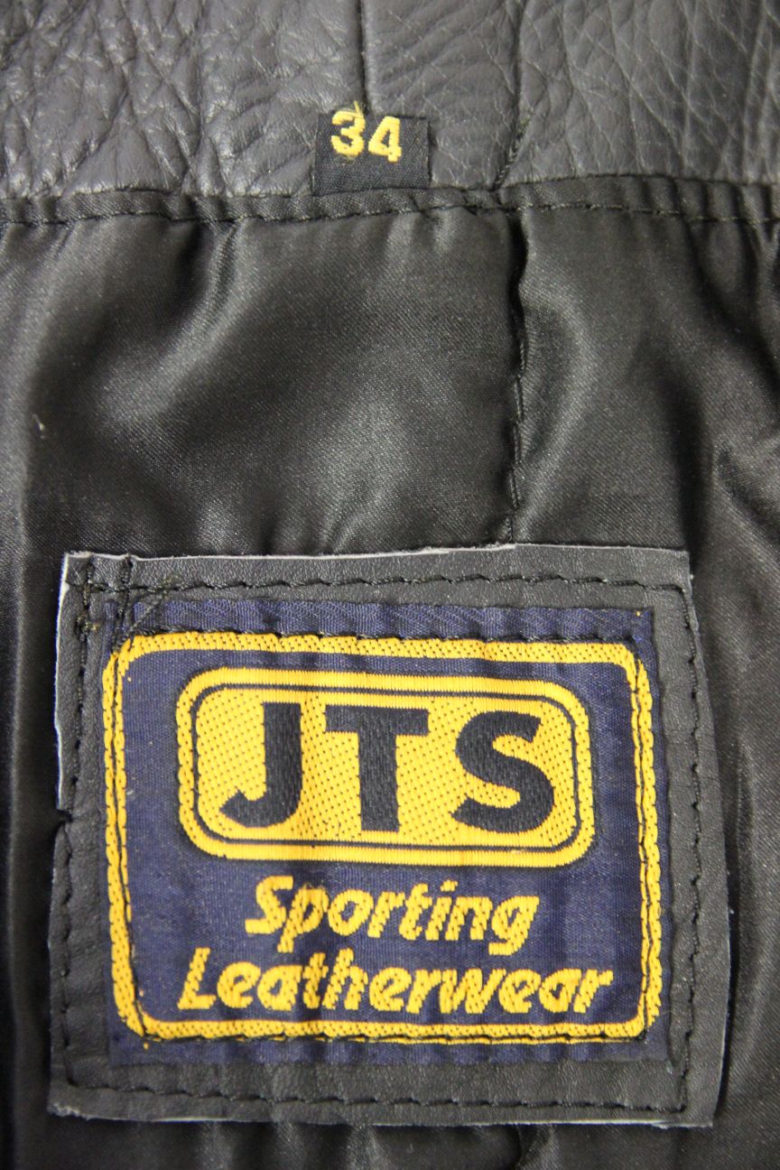 JTS BLACK LEATHER BIKER BIB & BRACE SALOPETTES: WAIST 34 INCH/INSIDE LEG 29 INCH