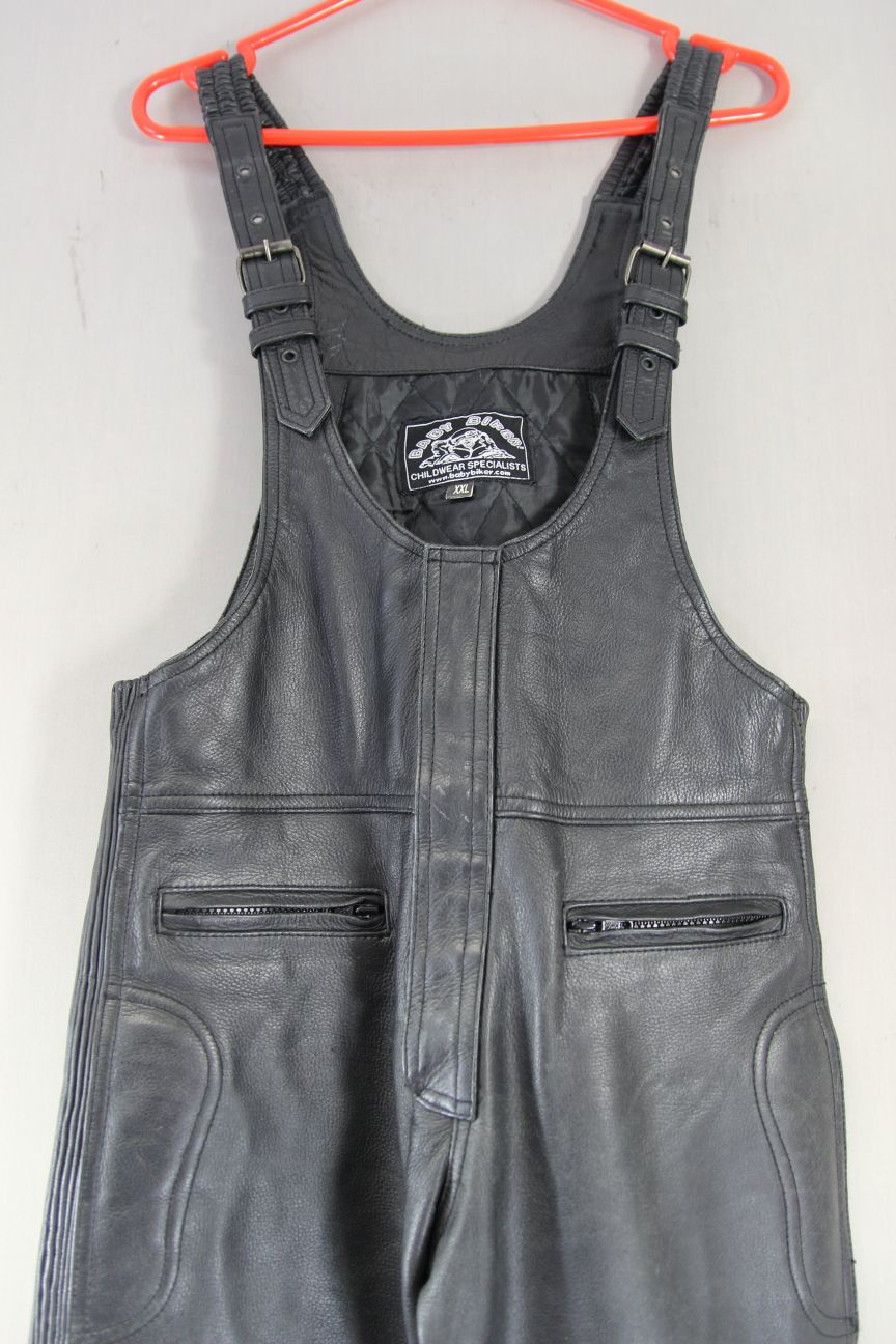BOYS/CHILDS BABY BIKER BLACK LEATHER BIB & BRACE SALOPETTES WAIST 32/LEG 28"/XXL