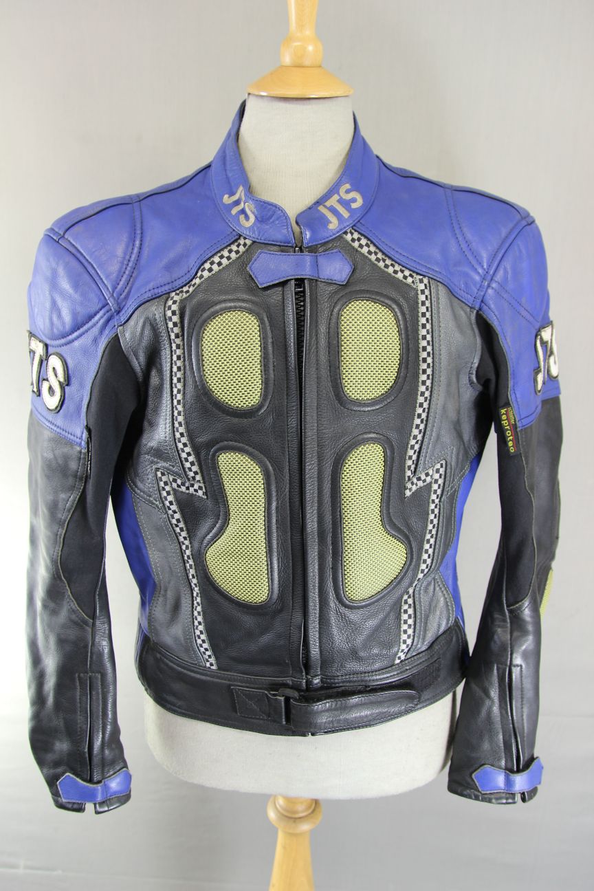 JTS BLACK, BLUE & SILVER LEATHER BIKER JACKET 42 INCH (SHORT FIT)