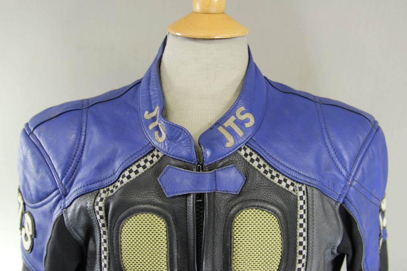 JTS BLACK, BLUE & SILVER LEATHER BIKER JACKET 42 INCH (SHORT FIT)