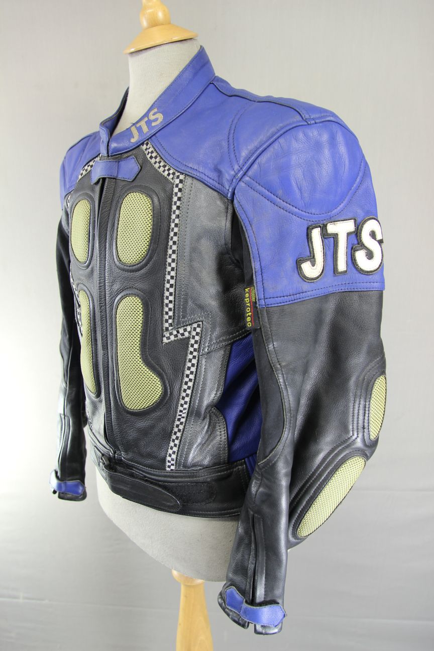 JTS BLACK, BLUE & SILVER LEATHER BIKER JACKET 42 INCH (SHORT FIT)