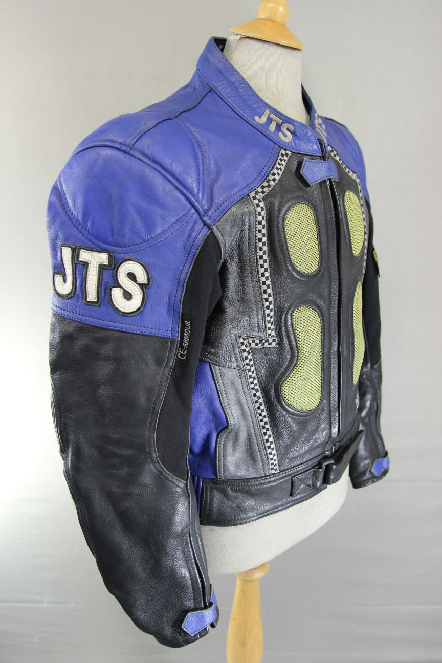 JTS BLACK, BLUE & SILVER LEATHER BIKER JACKET 42 INCH (SHORT FIT)