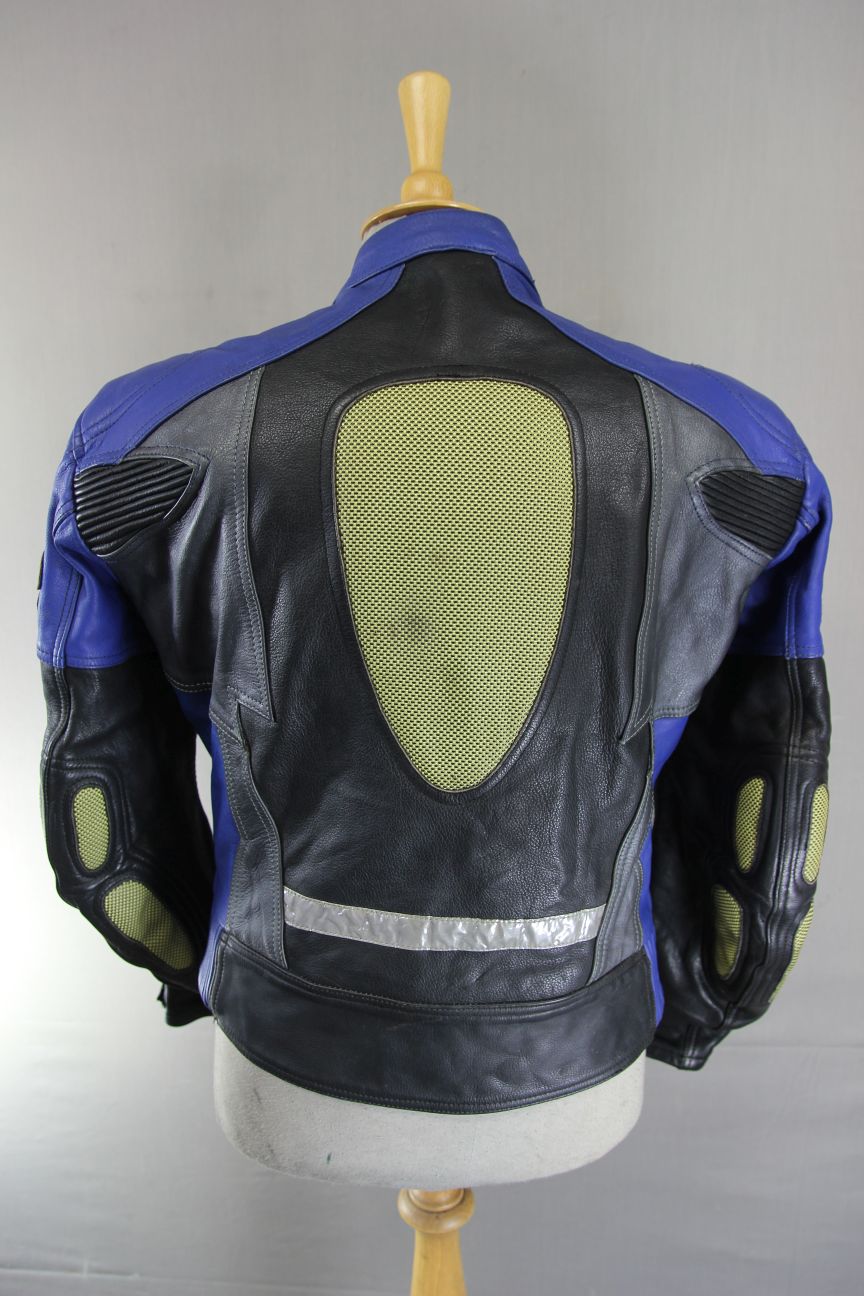 JTS BLACK, BLUE & SILVER LEATHER BIKER JACKET 42 INCH (SHORT FIT)