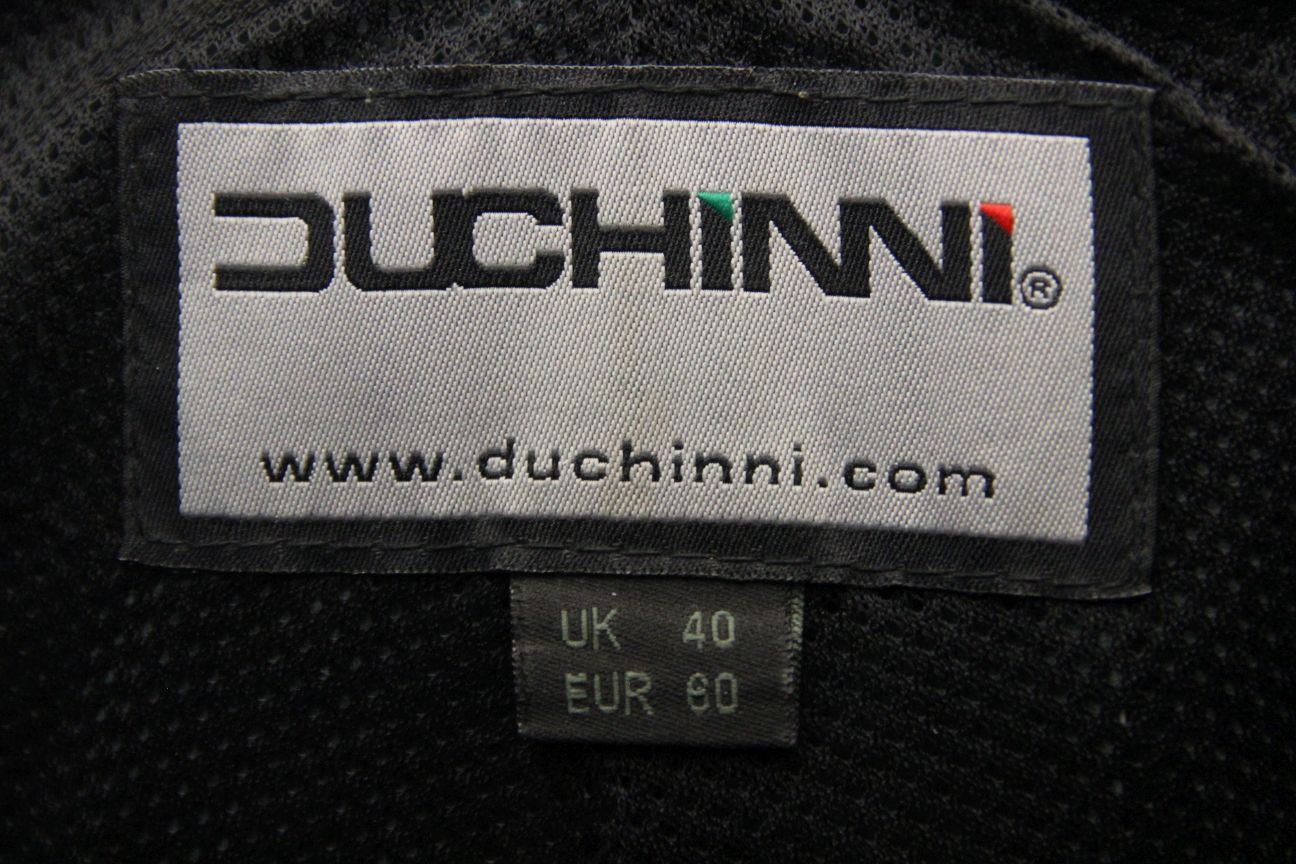DUCHINNI BLACK & SILVER LEATHER BIKER TROUSERS WITH CE ARMOUR: WAIST 40"/LEG 30"