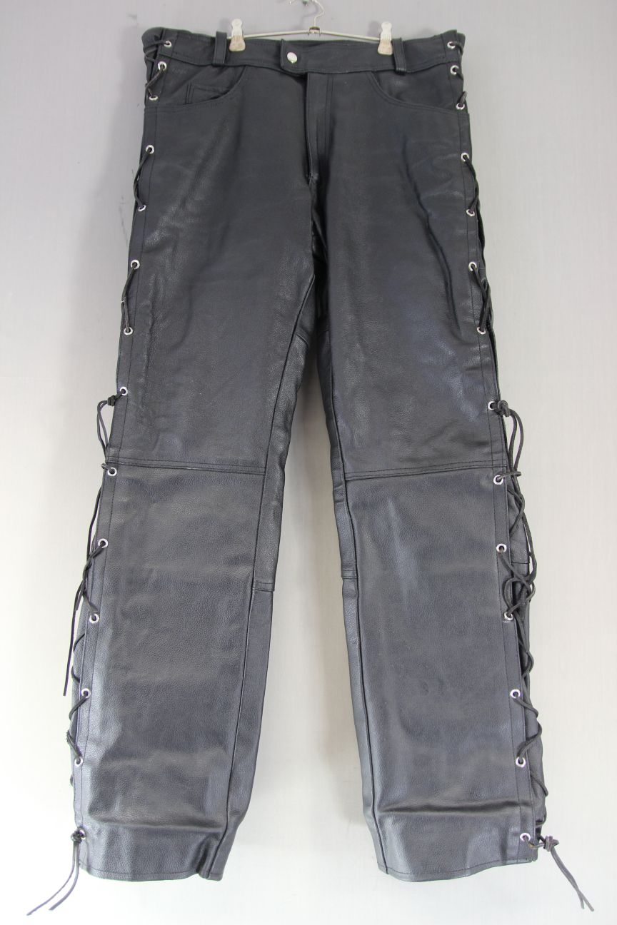 RIDEX BLACK LEATHER BIKER JEANS WITH SIDE LACES WAIST 32-34 IN/INSIDE LEG 32 IN