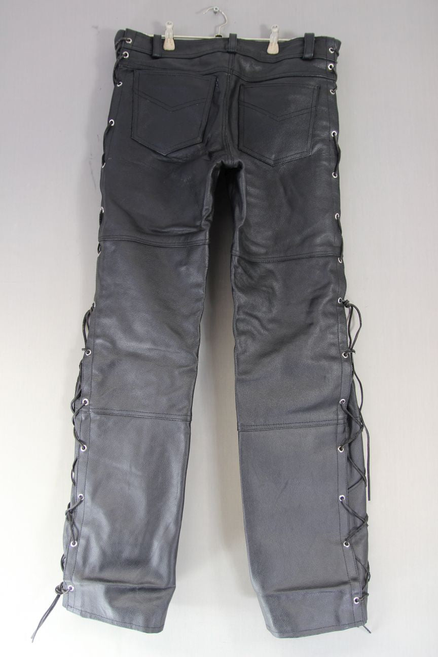 RIDEX BLACK LEATHER BIKER JEANS WITH SIDE LACES WAIST 32-34 IN/INSIDE LEG 32 IN
