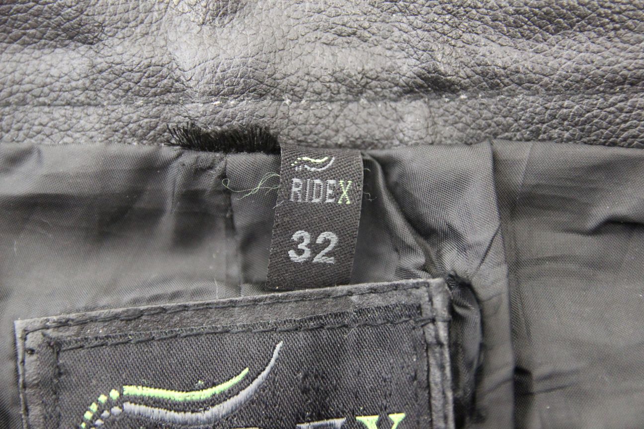 RIDEX BLACK LEATHER BIKER JEANS WITH SIDE LACES WAIST 32-34 IN/INSIDE LEG 32 IN