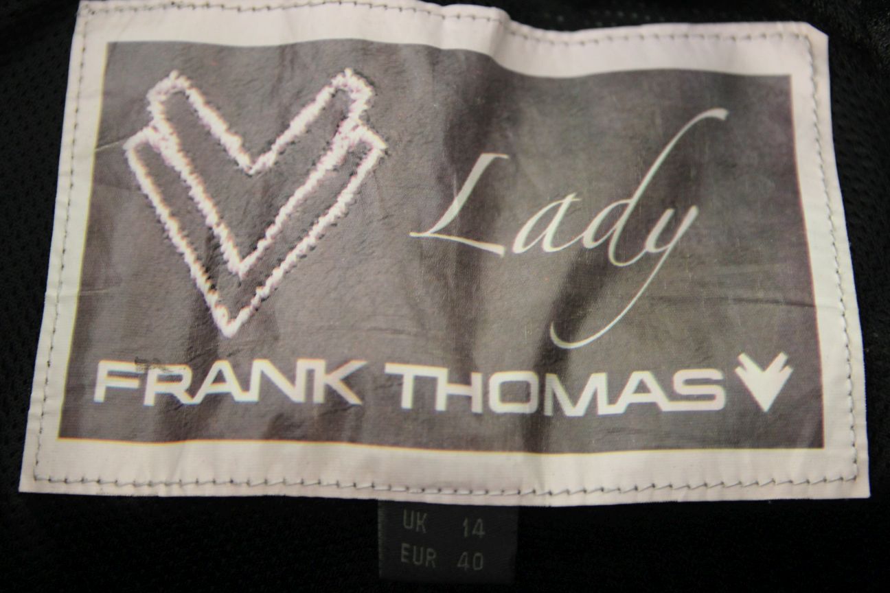 FRANK THOMAS LADY BLACK LEATHER BIKER TROUSERS + ARMOUR SIZE 14 WAIST 36/LEG 31"
