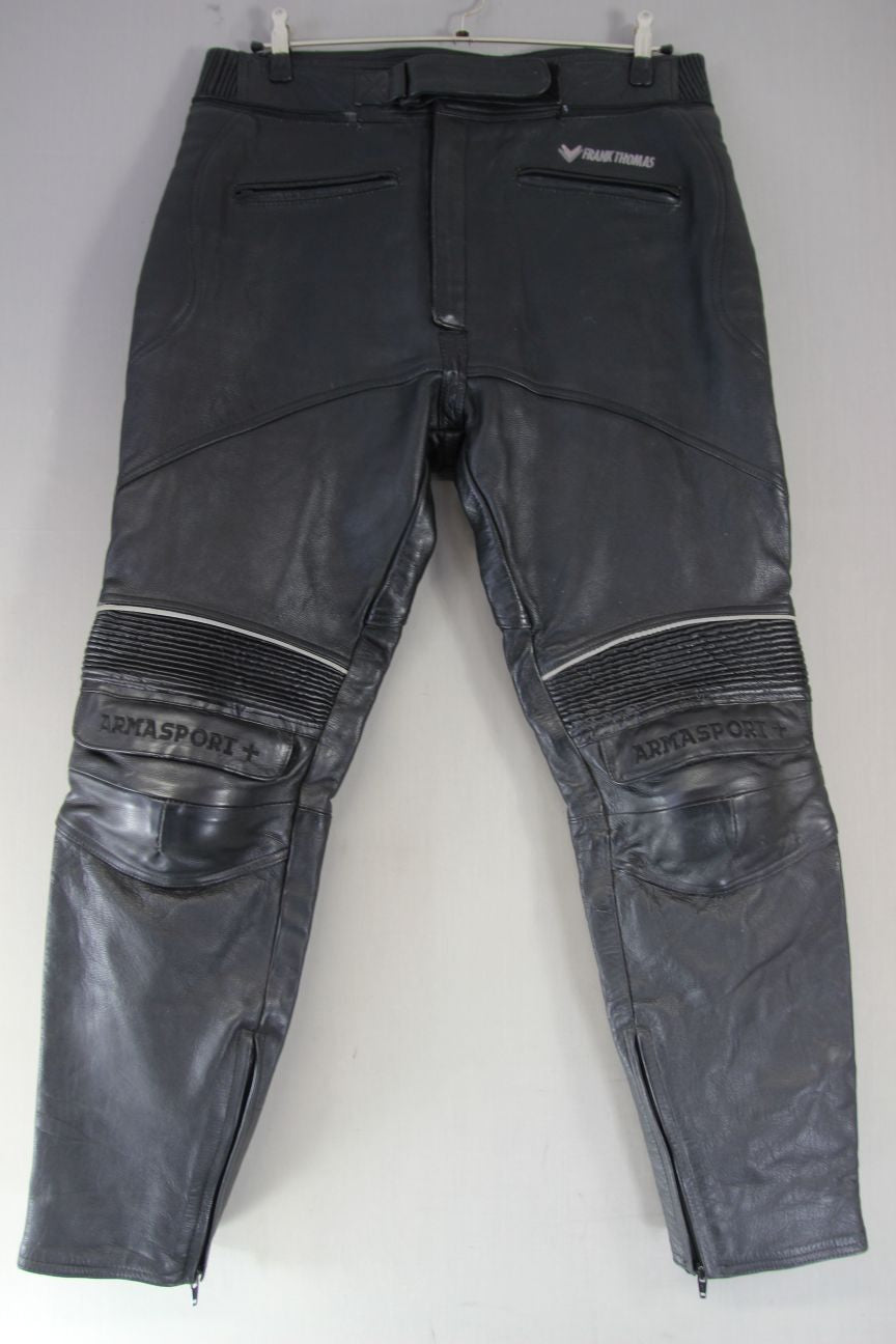 FRANK THOMAS LEATHER BIKER TROUSERS + KNEE PROTECTORS: WAIST 38"/INSIDE LEG 32"