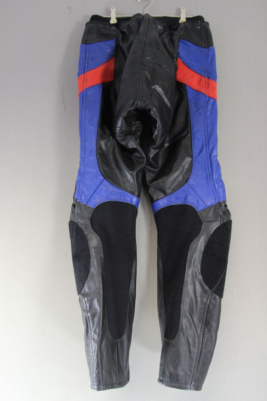 REVENGER BLACK, BLUE, RED & WHITE LEATHER BIKER TROUSERS:WAIST 28/INSIDE LEG 31"