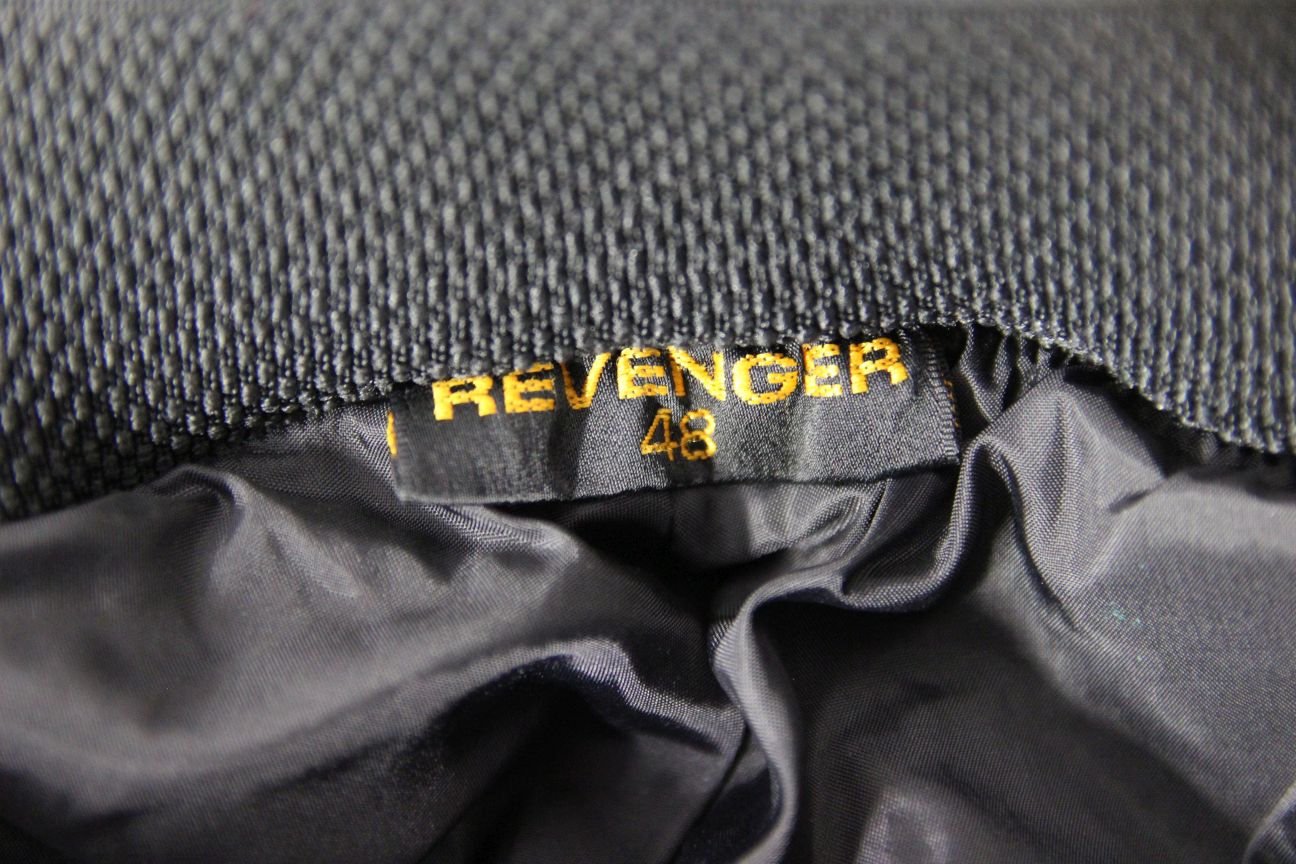 REVENGER BLACK, BLUE, RED & WHITE LEATHER BIKER TROUSERS:WAIST 28/INSIDE LEG 31"