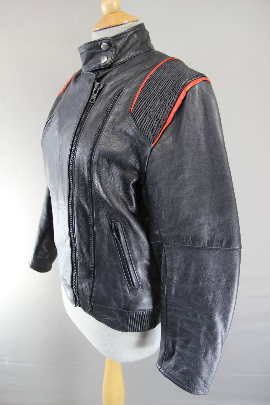 VINTAGE KETT BLACK & RED COWHIDE LEATHER BIKER JACKET: SIZE 12 36 INCH CHEST