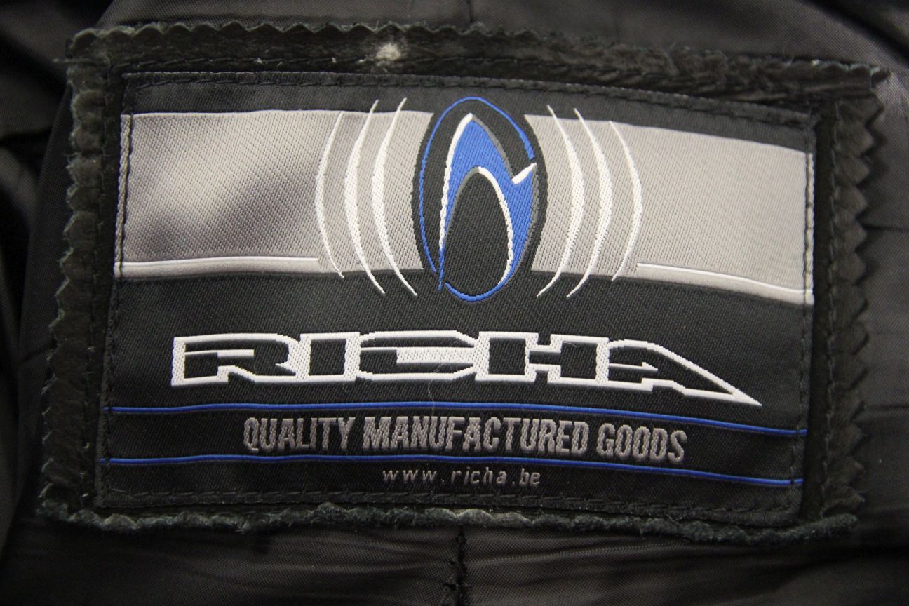 RICHA BLACK, BLUE & WHITE LEATHER BIKER TROUSERS + CE ARMOUR: WAIST 36"/LEG 31"