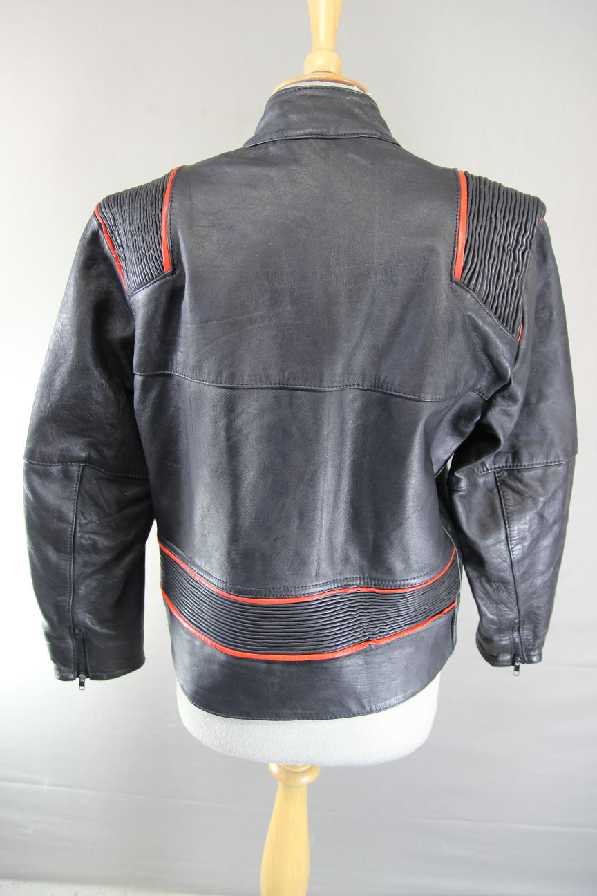 VINTAGE KETT BLACK & RED COWHIDE LEATHER BIKER JACKET: SIZE 12 36 INCH CHEST