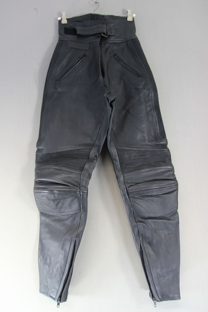 BELSTAFF BLACK LEATHER BIKER TROUSERS SIZE 10: WAIST 22-24 IN/INSIDE LEG 28 IN