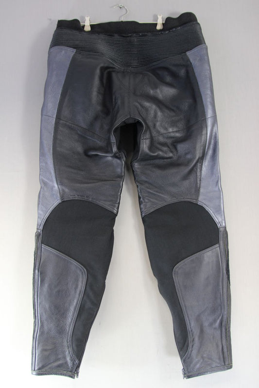 AKITO BLACK & SILVER LEATHER BIKER TROUSERS: WAIST 38 INCH/INSIDE LEG 33 INCH