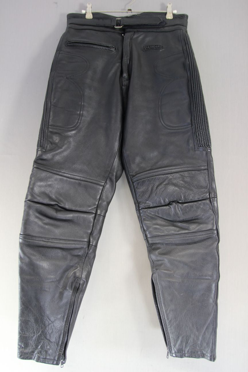 RHINO BLACK COWHIDE LEATHER BIKER TROUSERS: WAIST 30 INCH/INSIDE LEG 30 INCH
