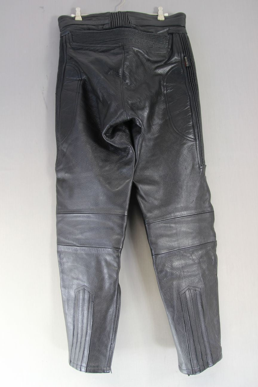 RHINO BLACK COWHIDE LEATHER BIKER TROUSERS: WAIST 30 INCH/INSIDE LEG 30 INCH