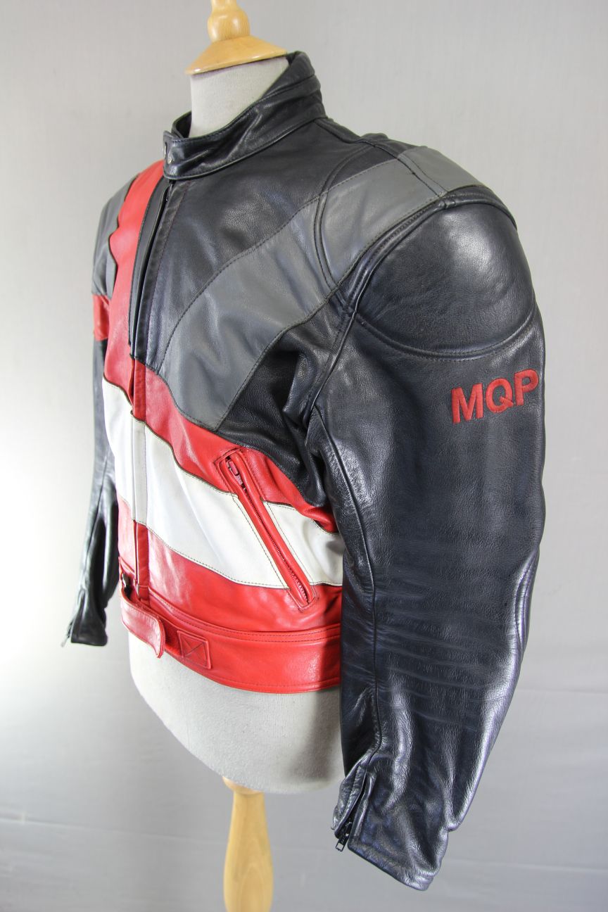 MQP BLACK, RED, WHITE & GREY LEATHER BIKER JACKET WITH BACK PROTECTOR: 42 INCHES