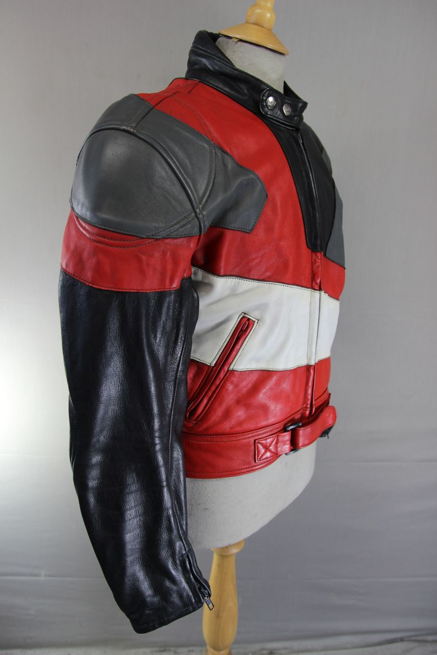 MQP BLACK, RED, WHITE & GREY LEATHER BIKER JACKET WITH BACK PROTECTOR: 42 INCHES