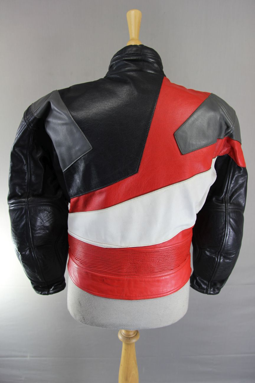 MQP BLACK, RED, WHITE & GREY LEATHER BIKER JACKET WITH BACK PROTECTOR: 42 INCHES