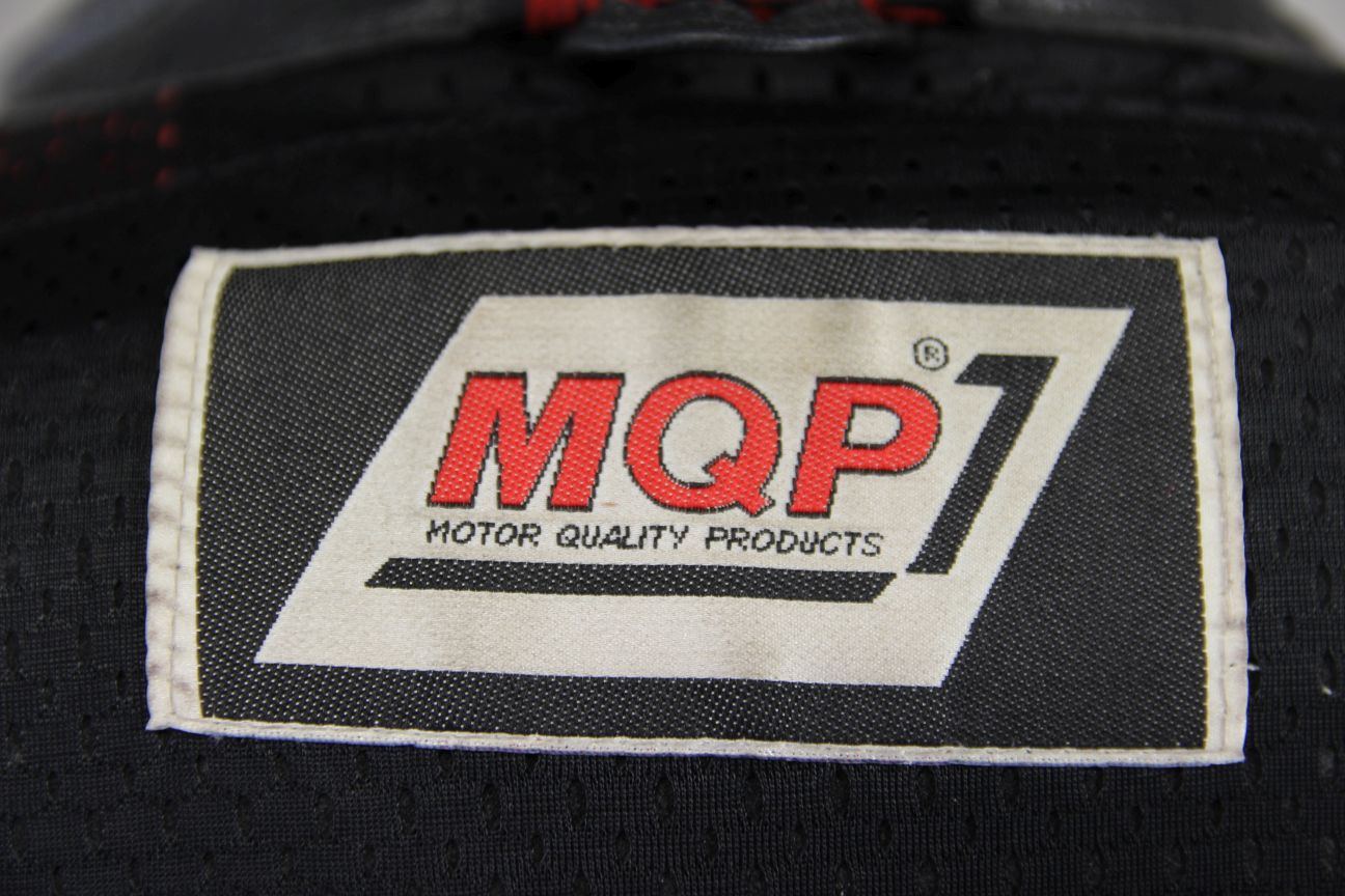 MQP BLACK, RED, WHITE & GREY LEATHER BIKER JACKET WITH BACK PROTECTOR: 42 INCHES