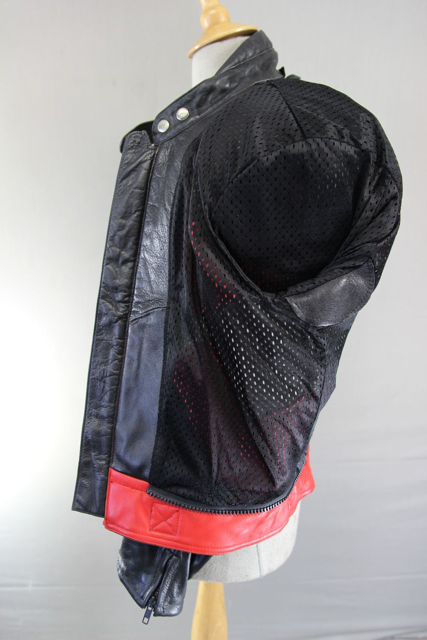 MQP BLACK, RED, WHITE & GREY LEATHER BIKER JACKET WITH BACK PROTECTOR: 42 INCHES