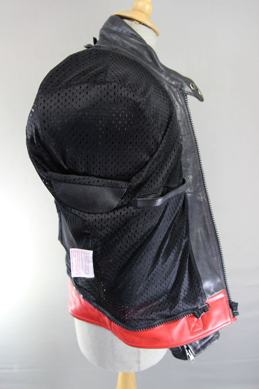 MQP BLACK, RED, WHITE & GREY LEATHER BIKER JACKET WITH BACK PROTECTOR: 42 INCHES