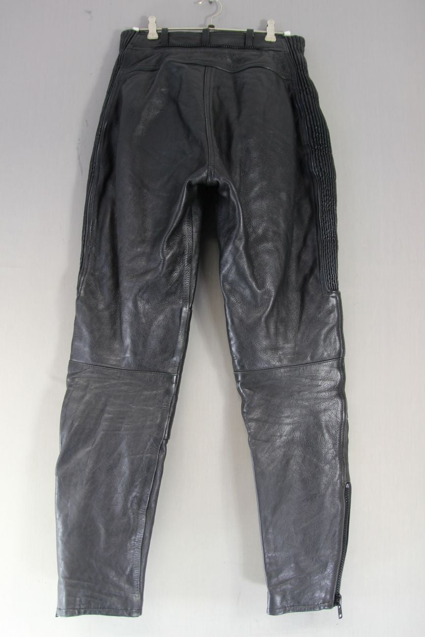 JTS BLACK LEATHER BIKER TROUSERS SIZE 12: WAIST 28 INCH/INSIDE LEG 30 INCH/SMALL