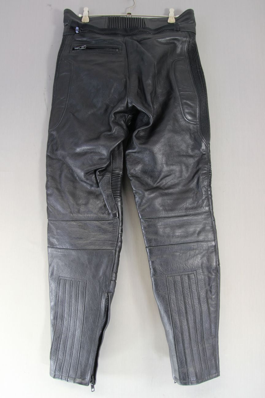 SPORTEX APOLLO BLACK LEATHER BIKER TROUSER: SIZE 12 WAIST 30 IN/INSIDE LEG 29 IN