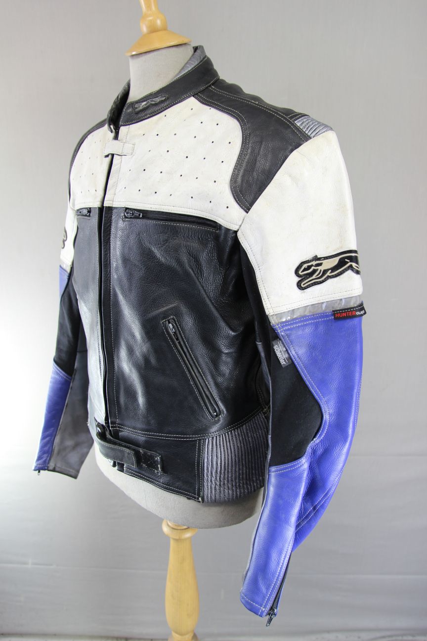 HUNTER CLASS BLACK, BLUE, WHITE & SILVER LEATHER BIKER JACKET 40-42 INCH CHEST