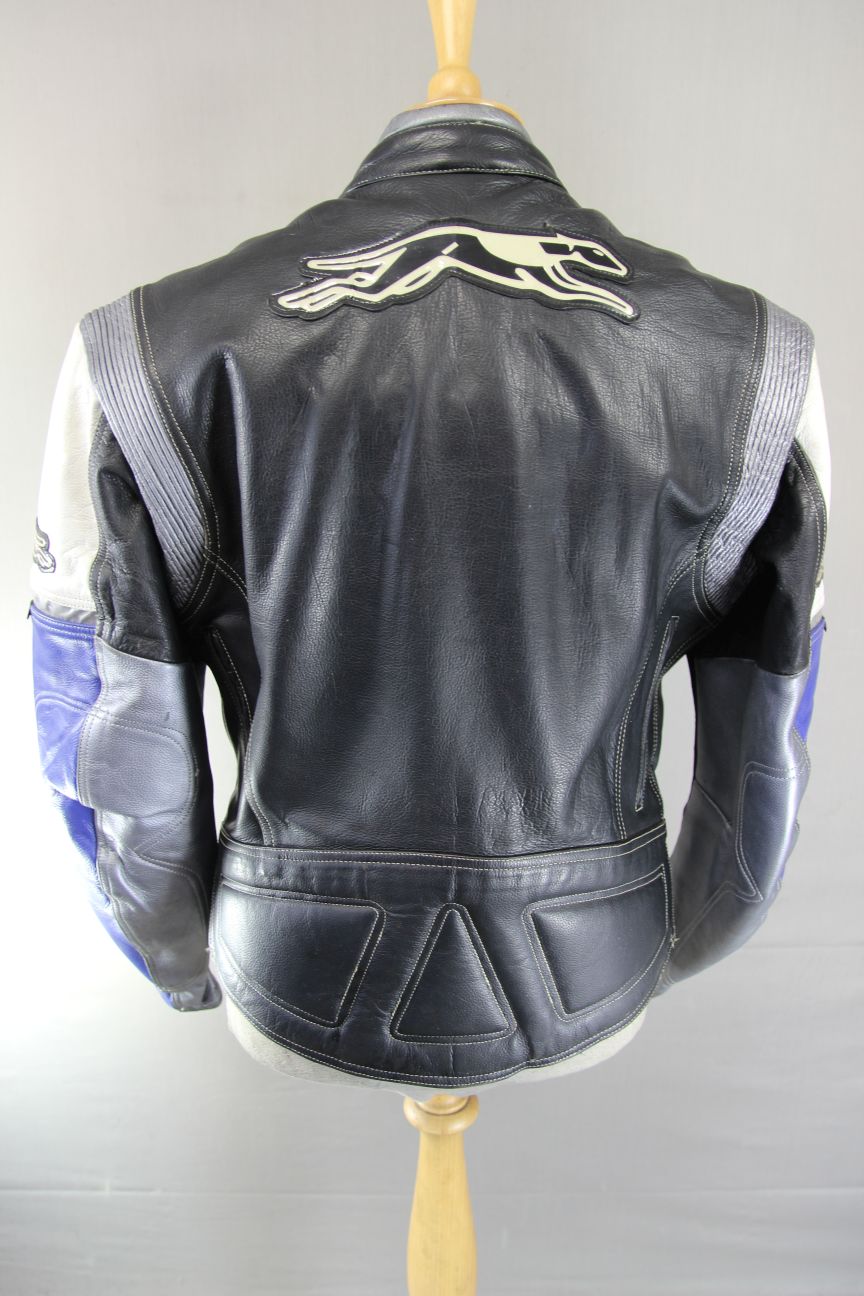 HUNTER CLASS BLACK, BLUE, WHITE & SILVER LEATHER BIKER JACKET 40-42 INCH CHEST