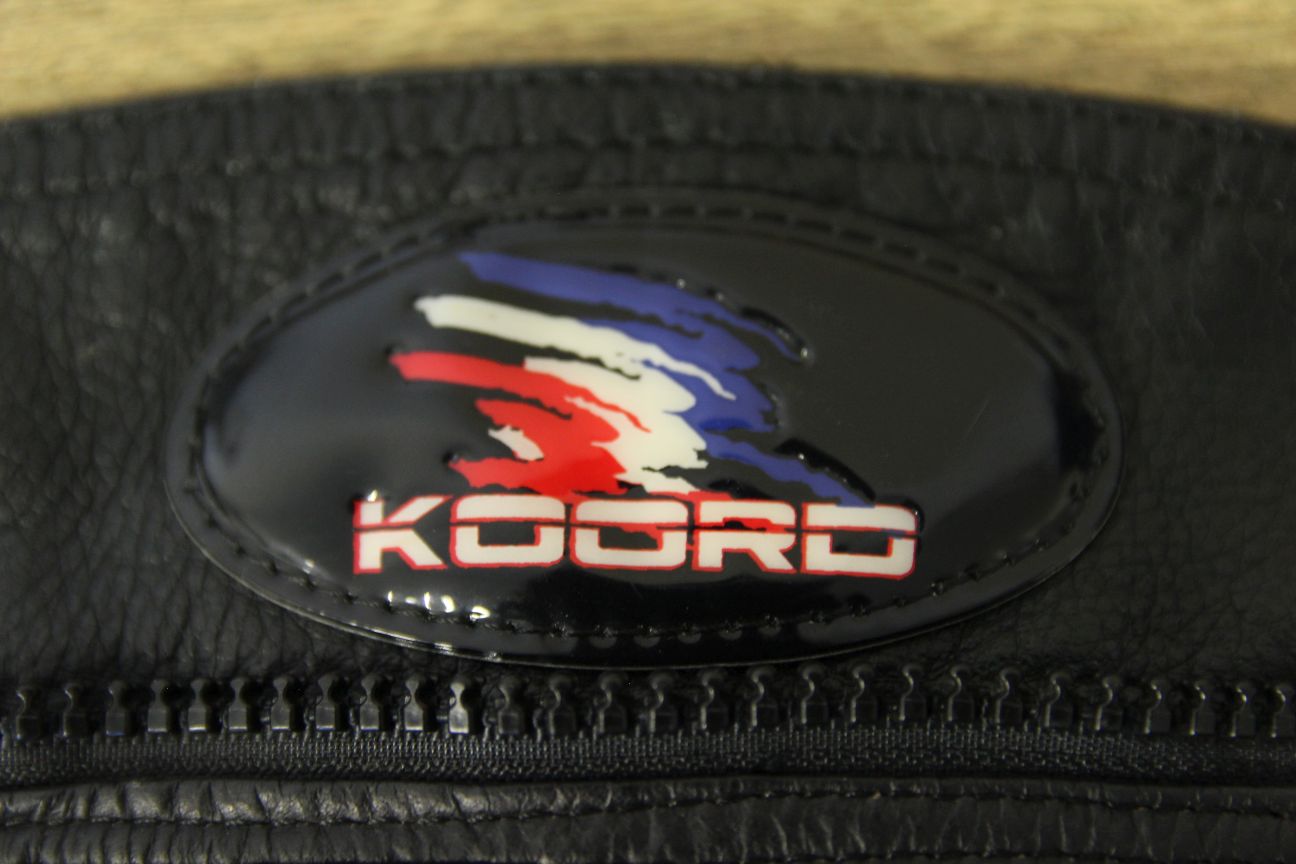 KOORD BLACK LEATHER BIKER TROUSERS + PROTECTORS/KNEE SLIDERS: WAIST 40"/LEG 29"