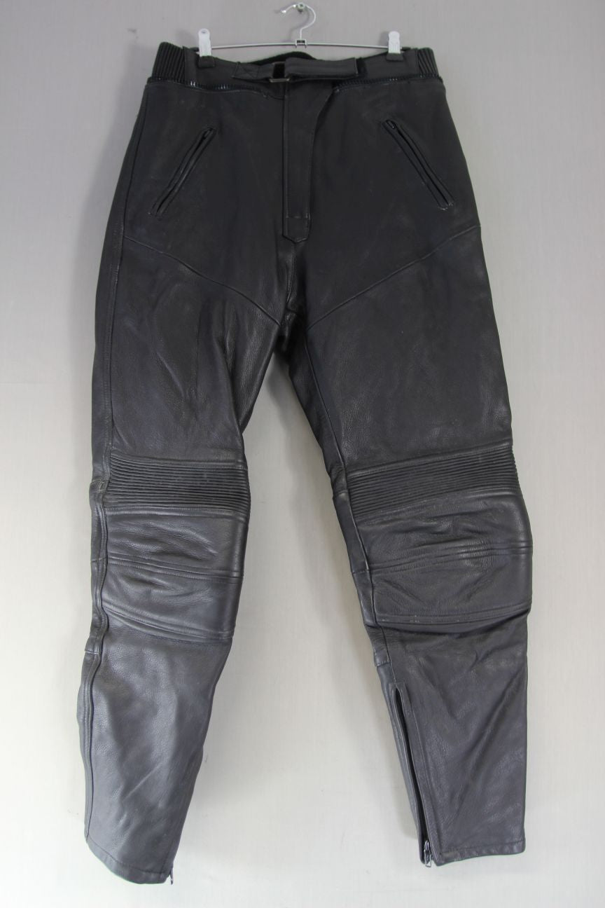 RICHA BLACK LEATHER BIKER TROUSER: SIZE 14/WAIST 30-32 INCHES/INSIDE LEG 30 INCH