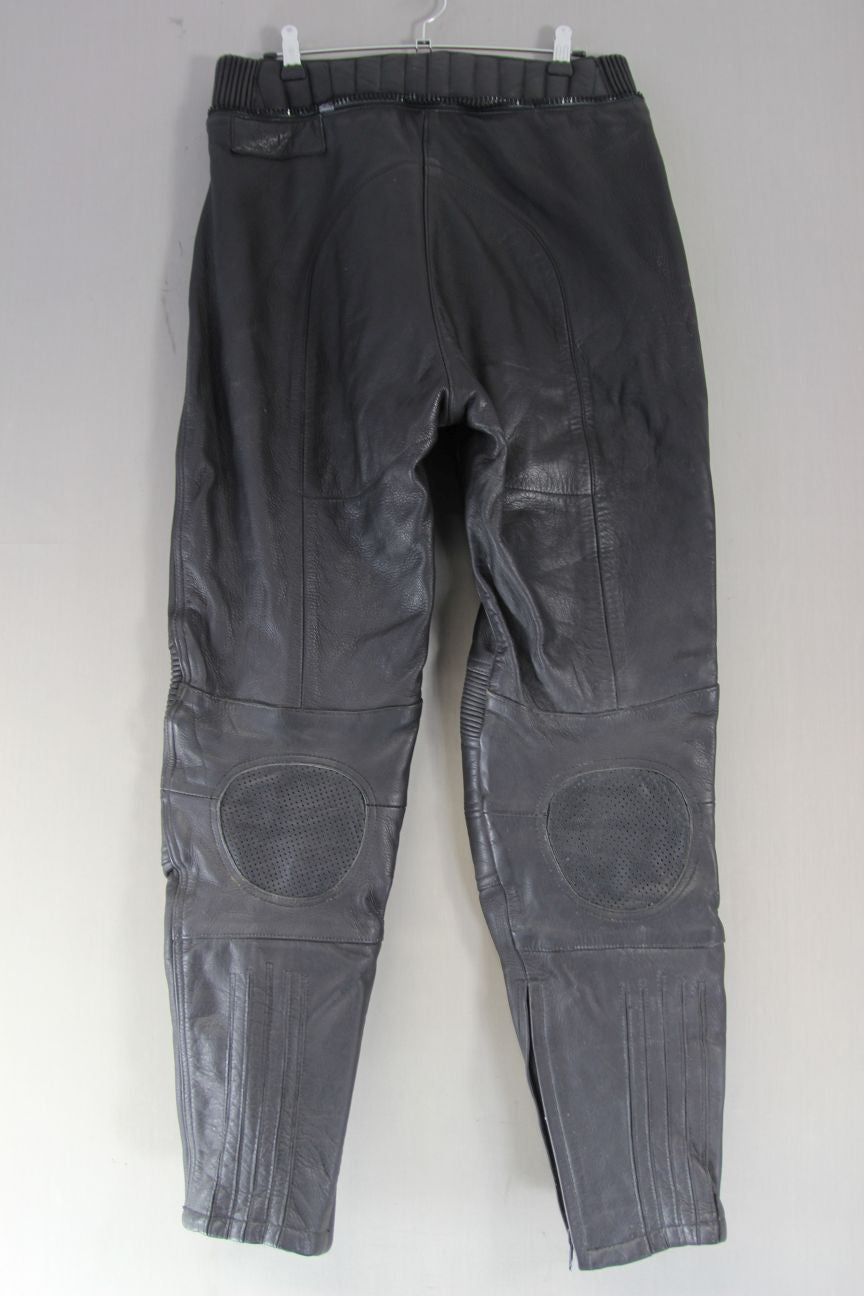 RICHA BLACK LEATHER BIKER TROUSER: SIZE 14/WAIST 30-32 INCHES/INSIDE LEG 30 INCH