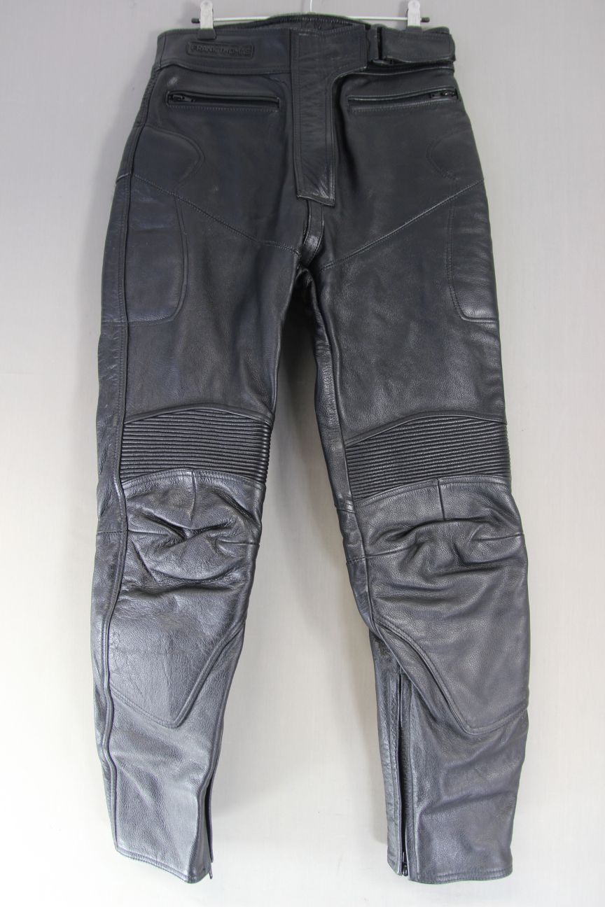 FRANK THOMAS BLACK LEATHER BIKER TROUSERS SIZE 10: WAIST 30 IN/INSIDE LEG 29 IN
