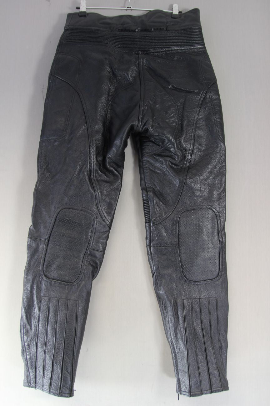 FRANK THOMAS BLACK LEATHER BIKER TROUSERS SIZE 10: WAIST 30 IN/INSIDE LEG 29 IN