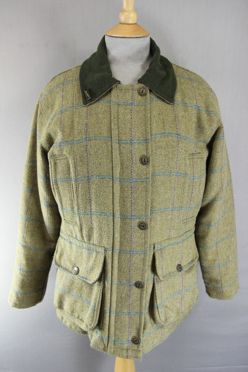 BRONTE ENGLISH MADE COUNTRY SPORTS CHECKED WOOL RICH BLEND TWEED COAT: SIZE 10