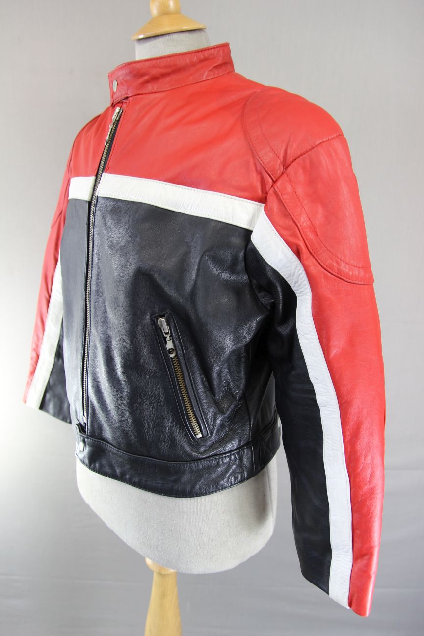 CLASSIC AKDEDE DERI BLACK, RED & WHITE LEATHER BIKER JACKET 38-40 INCH/MEDIUM