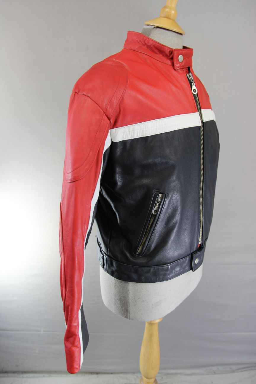 CLASSIC AKDEDE DERI BLACK, RED & WHITE LEATHER BIKER JACKET 38-40 INCH/MEDIUM