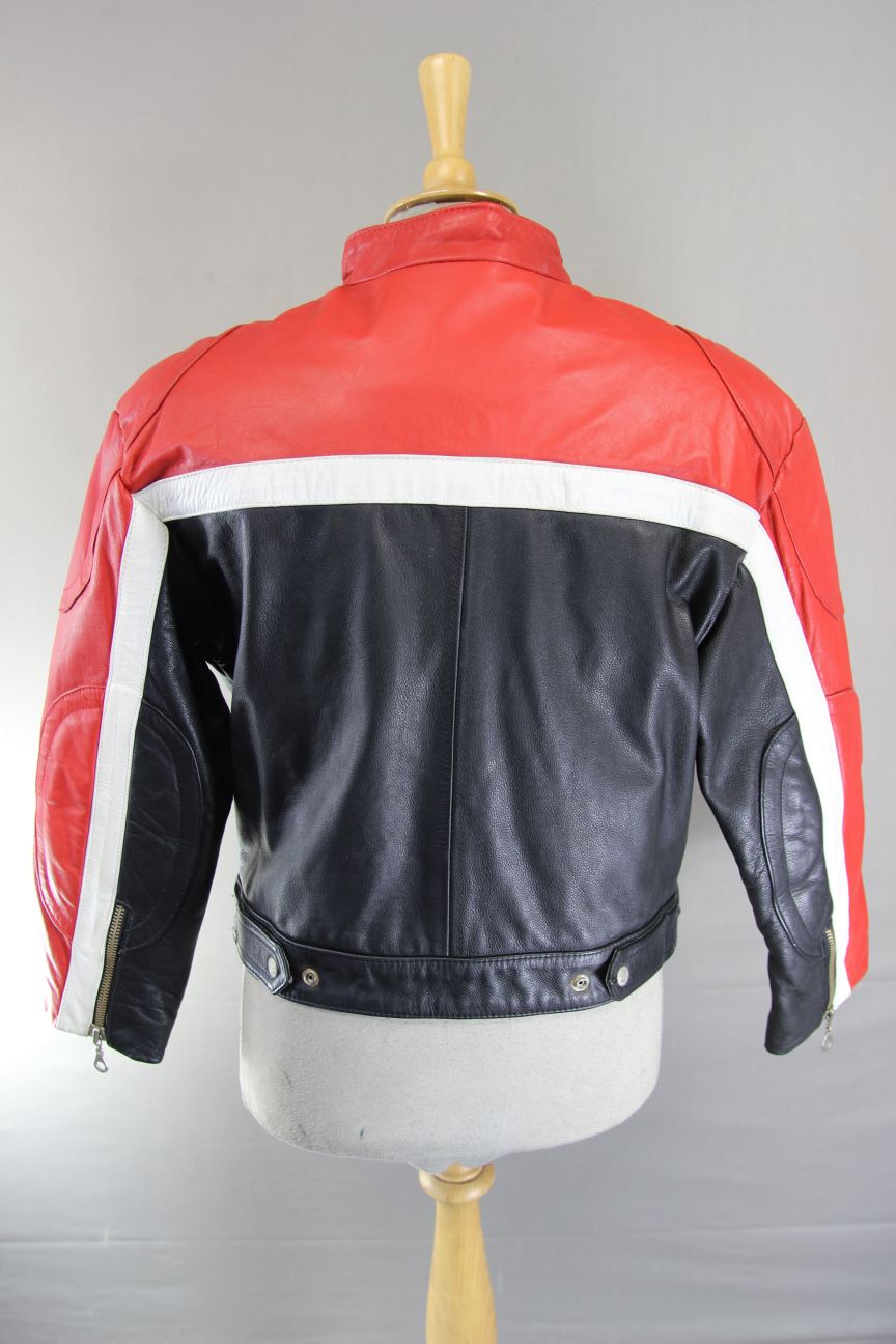CLASSIC AKDEDE DERI BLACK, RED & WHITE LEATHER BIKER JACKET 38-40 INCH/MEDIUM