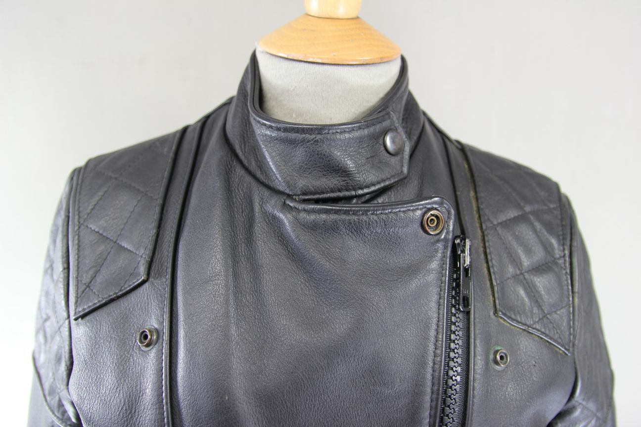 VINTAGE 1970s STYLE PUNK ROCK BLACK WOLF LEATHERS BIKER JACKET: 32-34 IN/SIZE 10