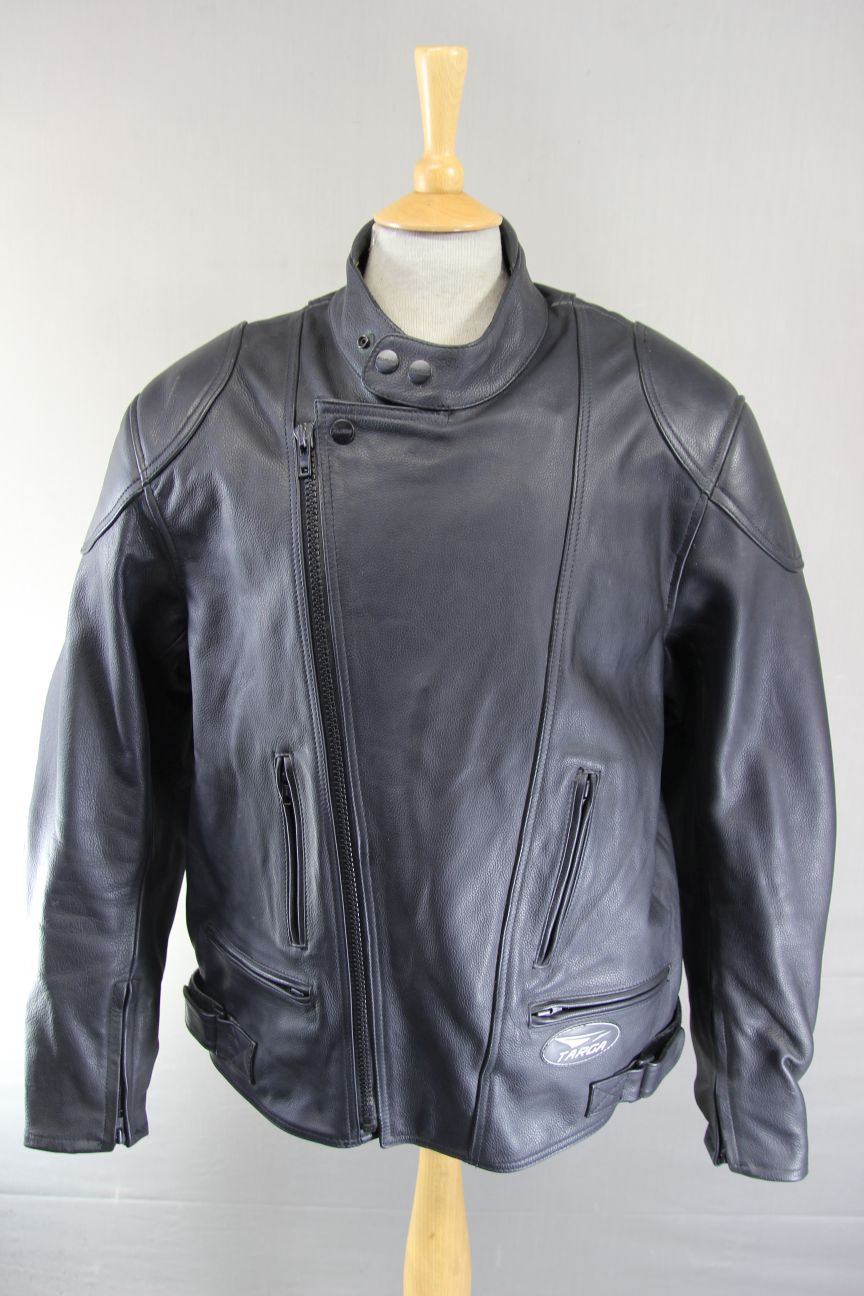 TARGA BLACK LEATHER BIKER JACKET WITH REMOVABLE CE BACK PROTECTOR 52-54 INCH