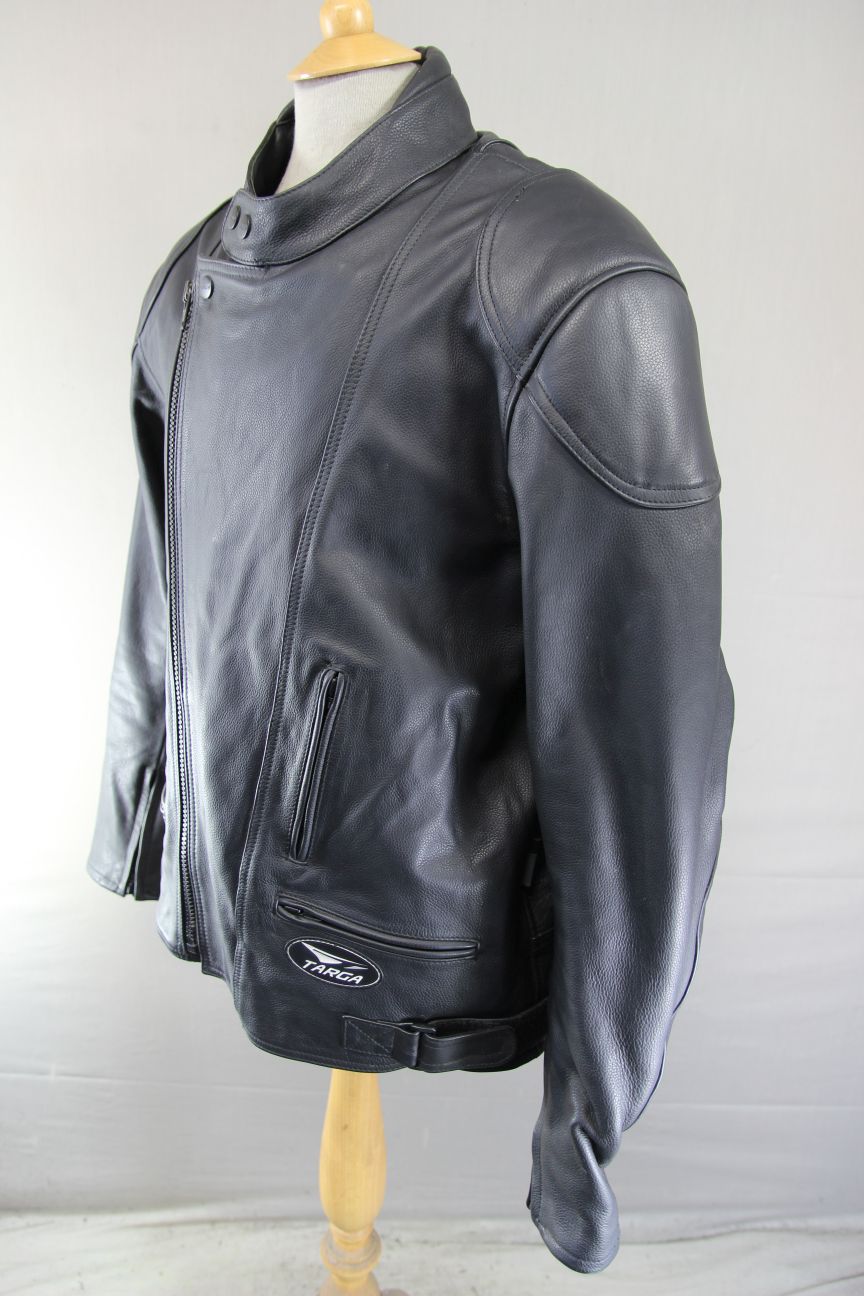 TARGA BLACK LEATHER BIKER JACKET WITH REMOVABLE CE BACK PROTECTOR 52-54 INCH