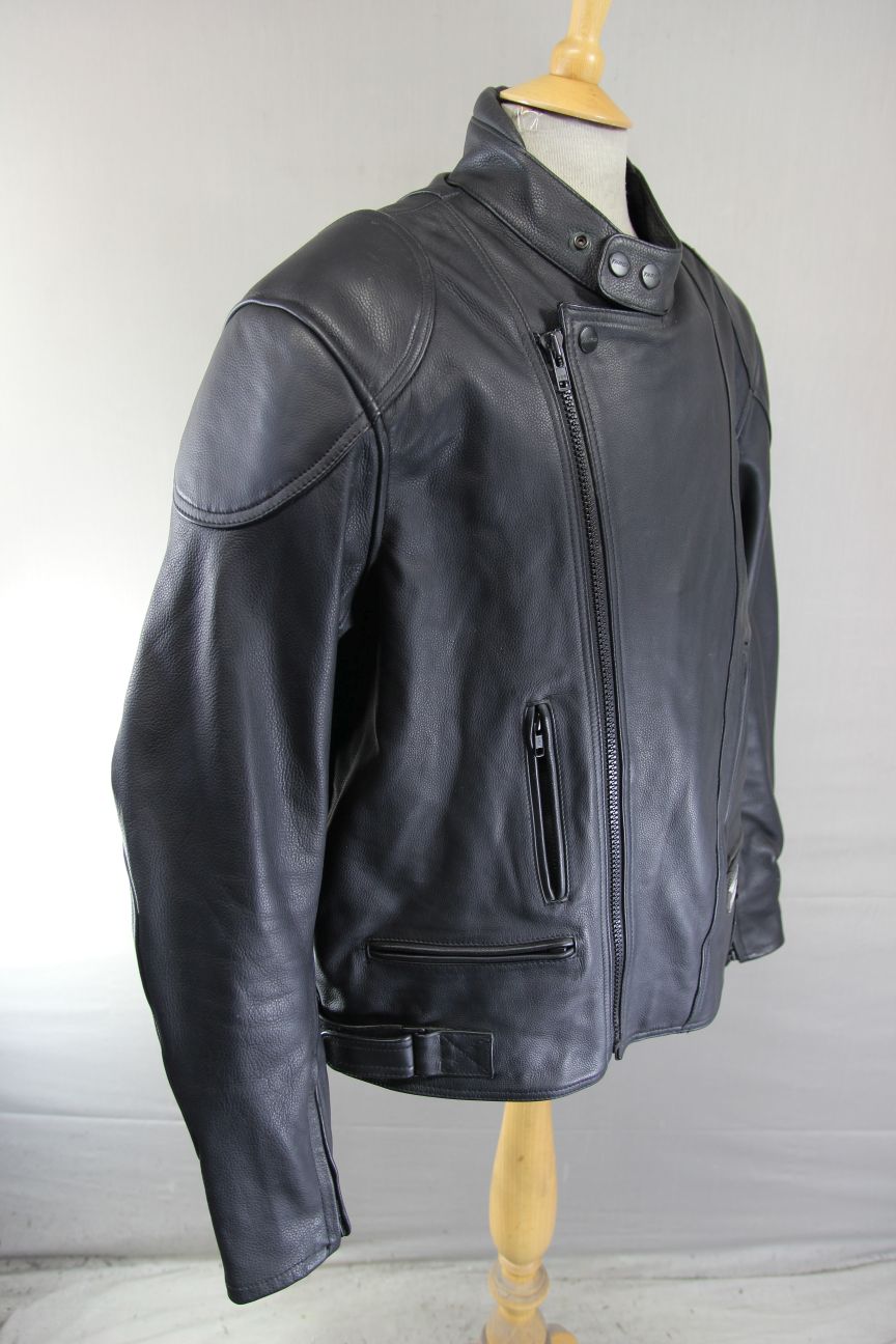 TARGA BLACK LEATHER BIKER JACKET WITH REMOVABLE CE BACK PROTECTOR 52-54 INCH
