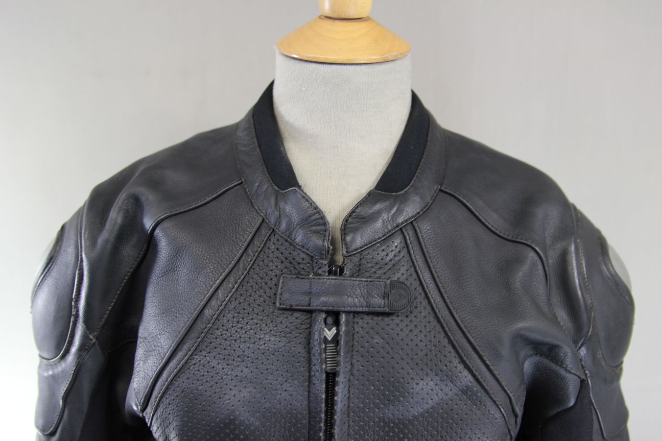 FRANK THOMAS TITANIUM BLACK LEATHER BIKER JACKET + REMOVABLE CE ARMOUR: SIZE 14