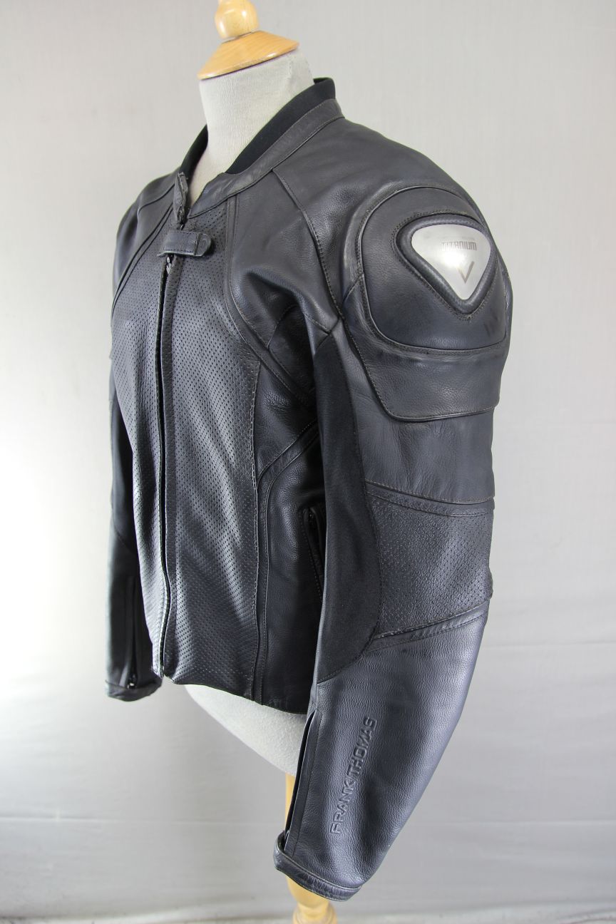 FRANK THOMAS TITANIUM BLACK LEATHER BIKER JACKET + REMOVABLE CE ARMOUR: SIZE 14