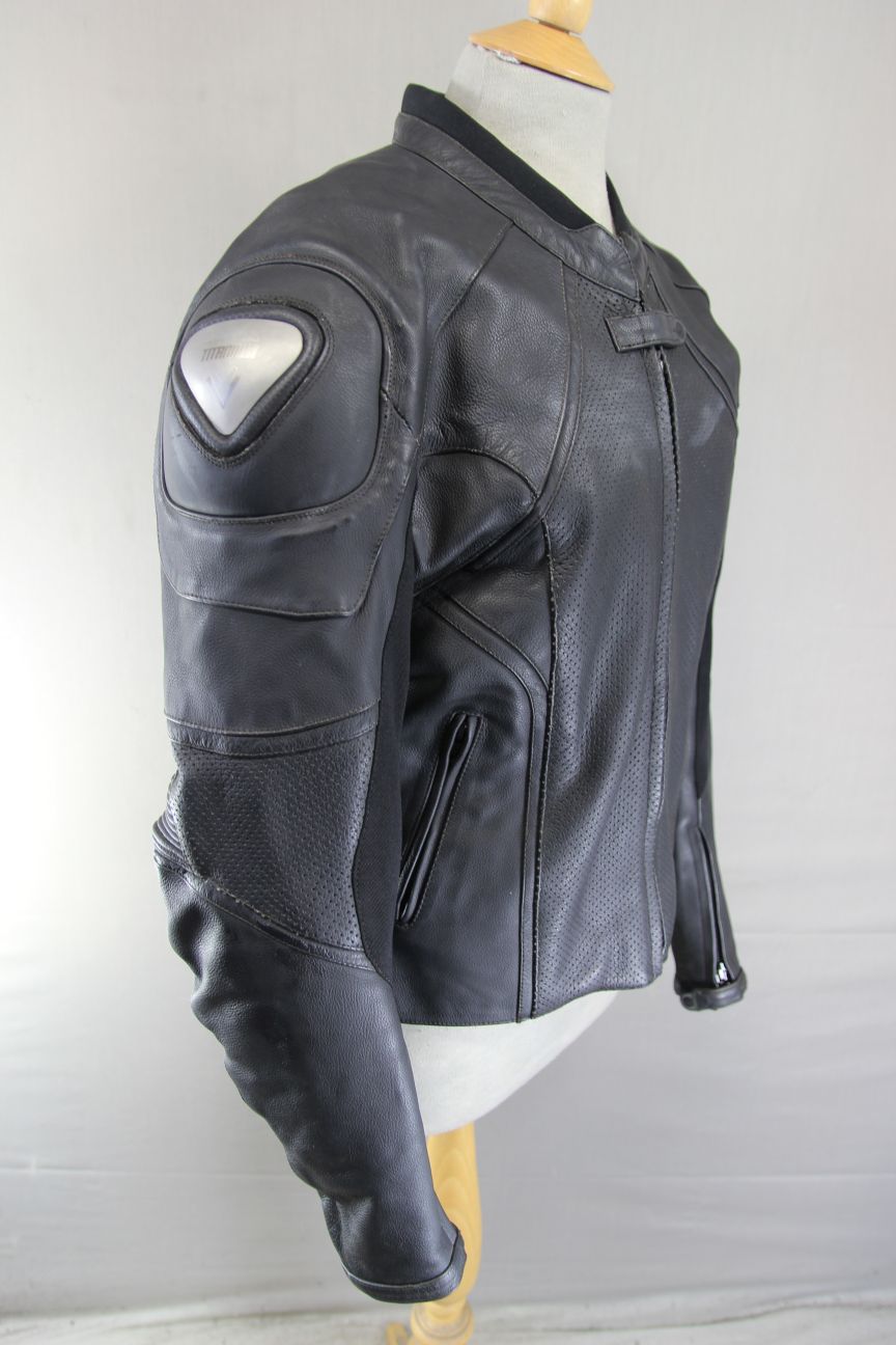 FRANK THOMAS TITANIUM BLACK LEATHER BIKER JACKET + REMOVABLE CE ARMOUR: SIZE 14