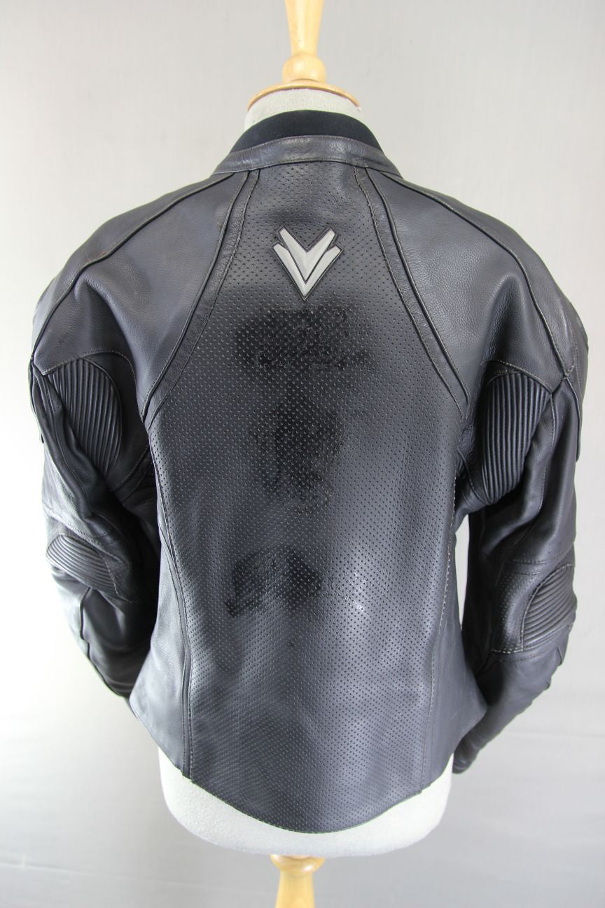 FRANK THOMAS TITANIUM BLACK LEATHER BIKER JACKET + REMOVABLE CE ARMOUR: SIZE 14
