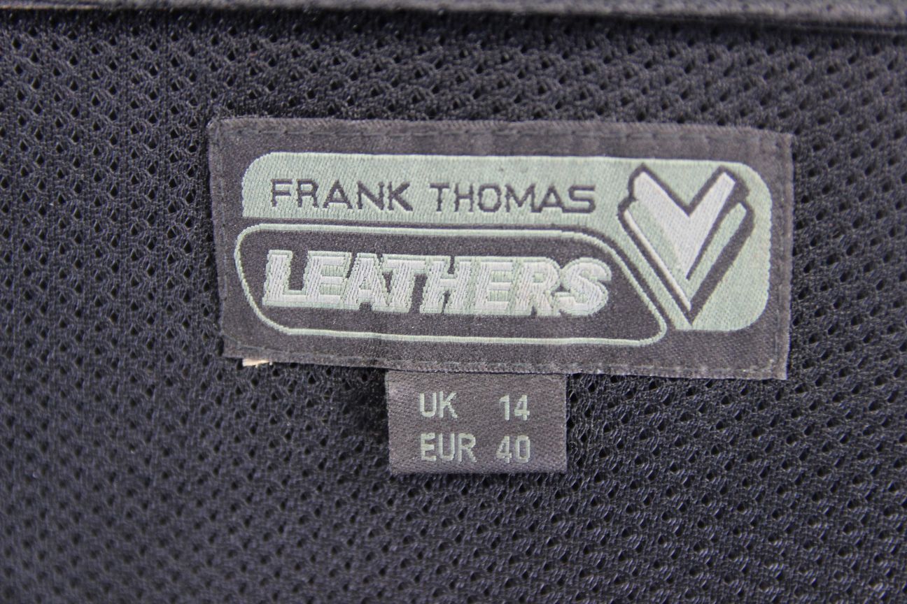FRANK THOMAS TITANIUM BLACK LEATHER BIKER JACKET + REMOVABLE CE ARMOUR: SIZE 14